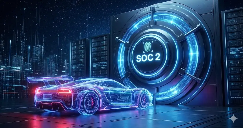 A fast tech startup vehicle halted by a massive enterprise vault door labeled SOC 2, illustrating compliance as the gatekeeper to enterprise deals.