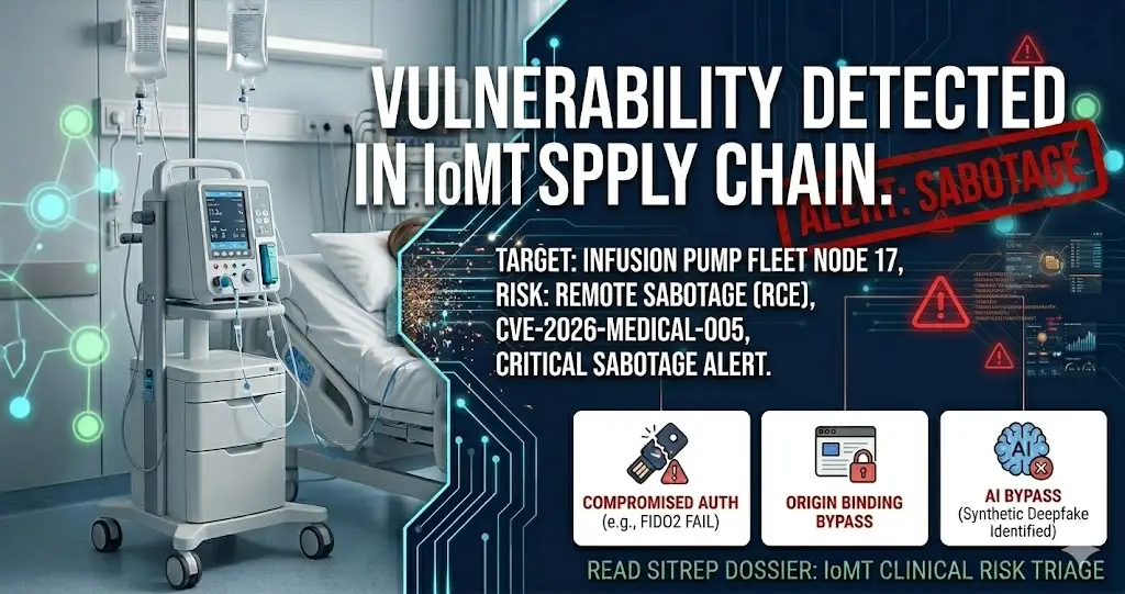 Digital infographic for healthcare cybersecurity sitrep showing a split-screen of a clinical infusion pump in a hospital room and a technical overlay with a red 'Vulnerability Detected' alert for IoMT supply chain risk.